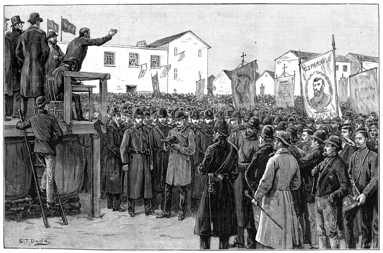 अभियान की बैठक, आयरलैंड, 1887 की एक योजना में एक सरकारी रिपोर्टर की रखवाली करते हुए द्वारा अज्ञात