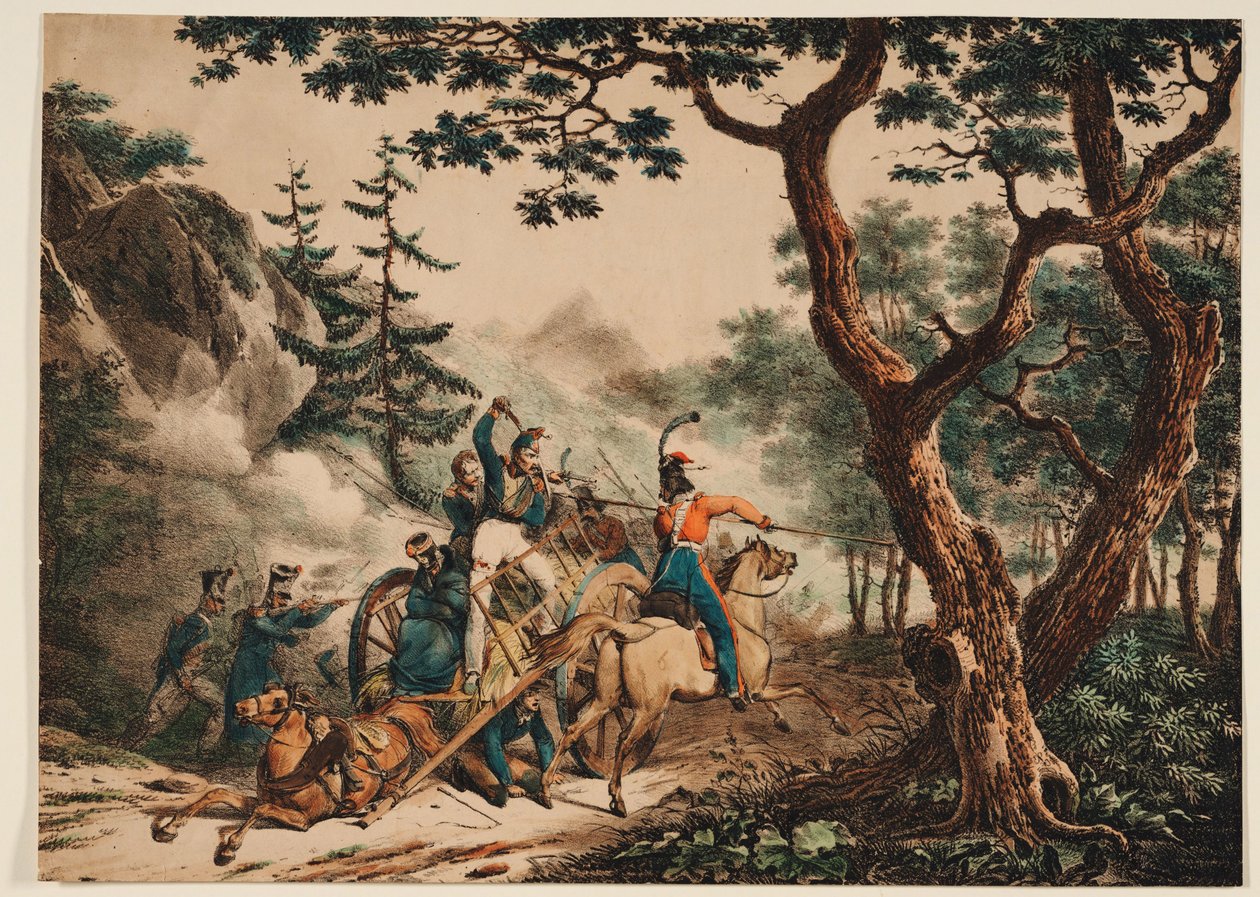 1825 में एक जंगल में फ्रांसीसी सैनिकों पर हमला करने वाले कोसैक्स द्वारा अज्ञात