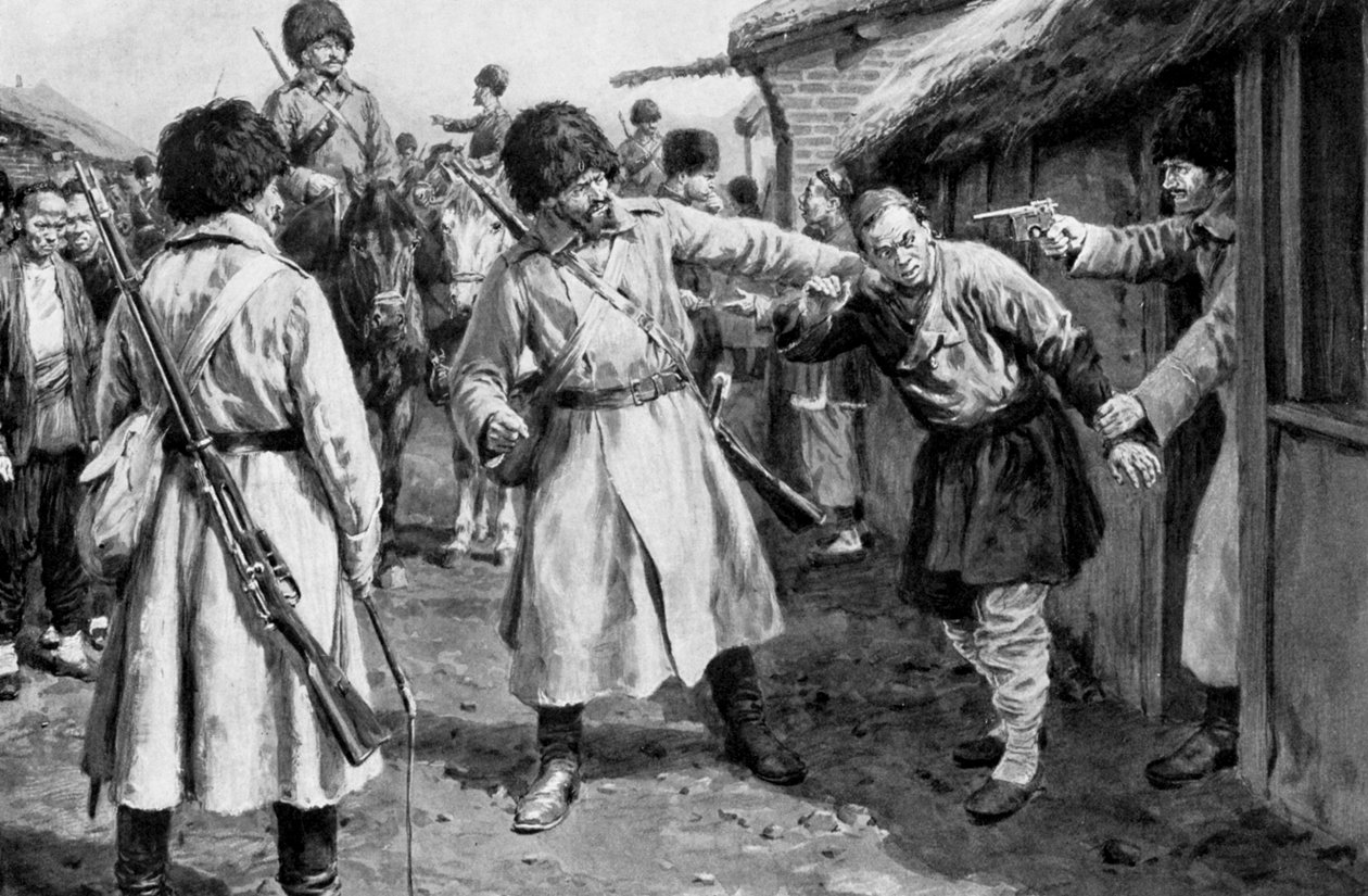 एक मंचूरियन गाँव, रूसो-जापानी युद्ध, 1904-5 में जापानी जासूसों की खोज करने वाले कोसैक्स द्वारा अज्ञात
