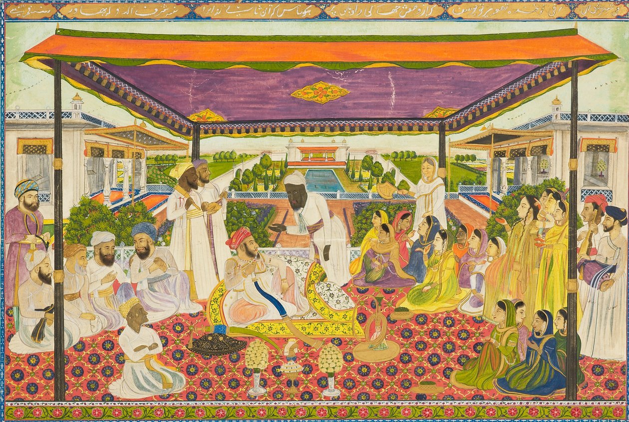 मनोरम महल और बगीचे की पृष्ठभूमि के साथ अदालत का दृश्य, 19वीं शताब्दी 1801 - 1900 द्वारा अज्ञात