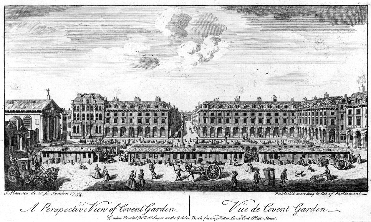 Covent Garden, लंदन, वर्ग के केंद्र में स्टॉल दिखाते हुए, 1753 द्वारा अज्ञात