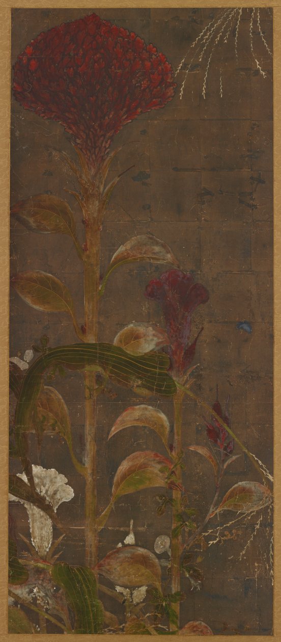 कॉक्सकॉम्ब, मक्का और सुबह की महिमा, मोमोयामा काल, 1568-1615। द्वारा अज्ञात