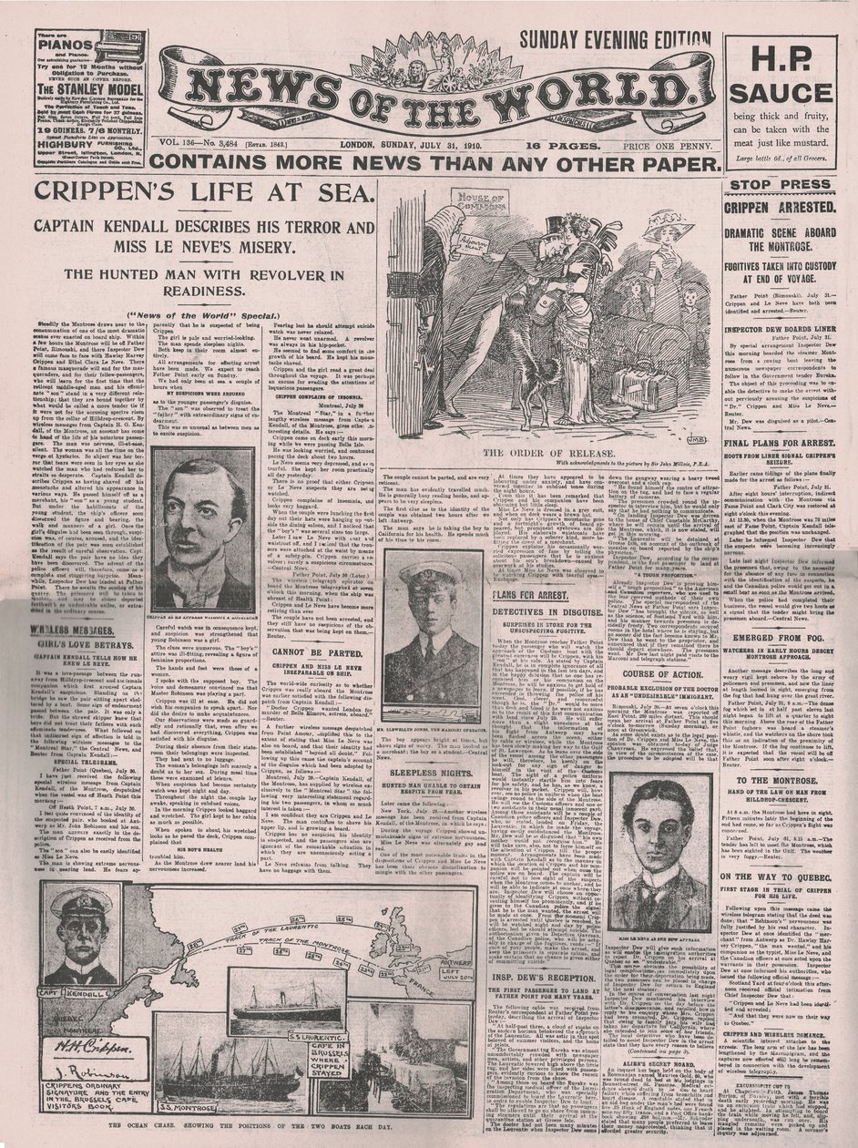 क्रिप्पेंस लाइफ ऑन सी, द न्यूज़ ऑफ़ द वर्ल्ड का फ्रंट पेज, 31 जुलाई 1910। द्वारा अज्ञात