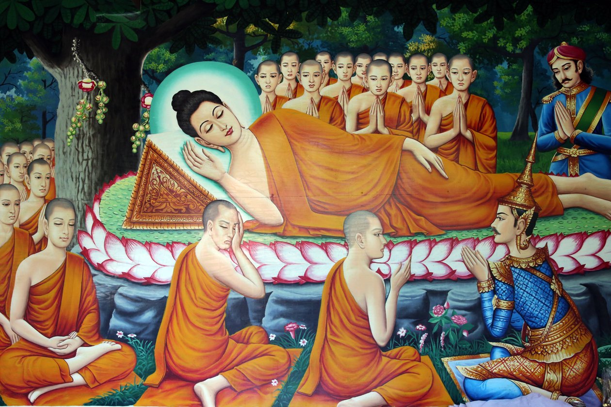 बुद्ध की मृत्यु और निर्वाण में प्रवेश का चित्रण। कंबोडिया द्वारा अज्ञात