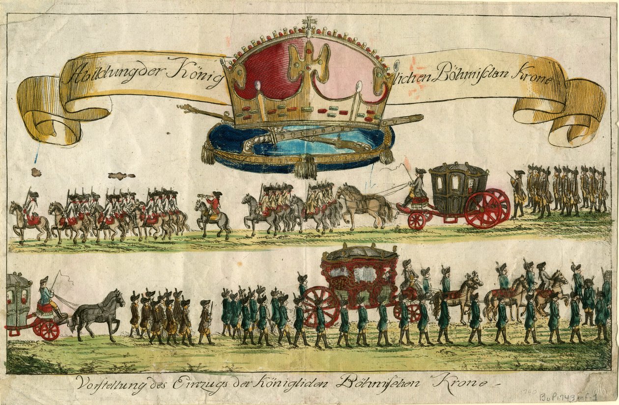 रॉयल बोहेमियन क्राउन की प्रस्तुति: रॉयल बोहेमियन क्राउन, 1743 के प्रवेश की प्रस्तुति। द्वारा अज्ञात
