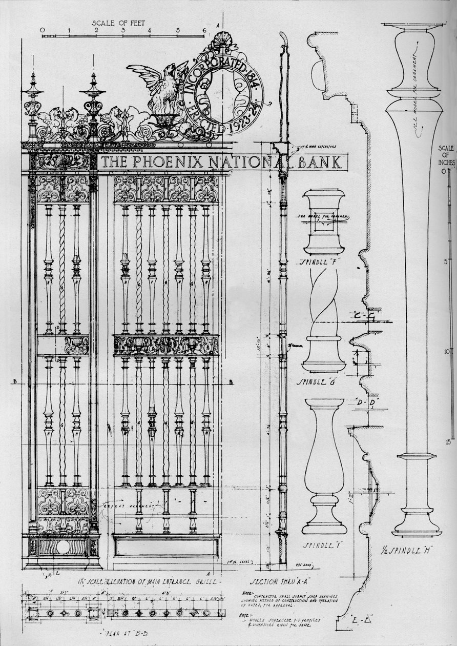 मुख्य प्रवेश द्वार ग्रिल, फीनिक्स नेशनल बैंक, 1924 का विस्तार से चित्र द्वारा अज्ञात