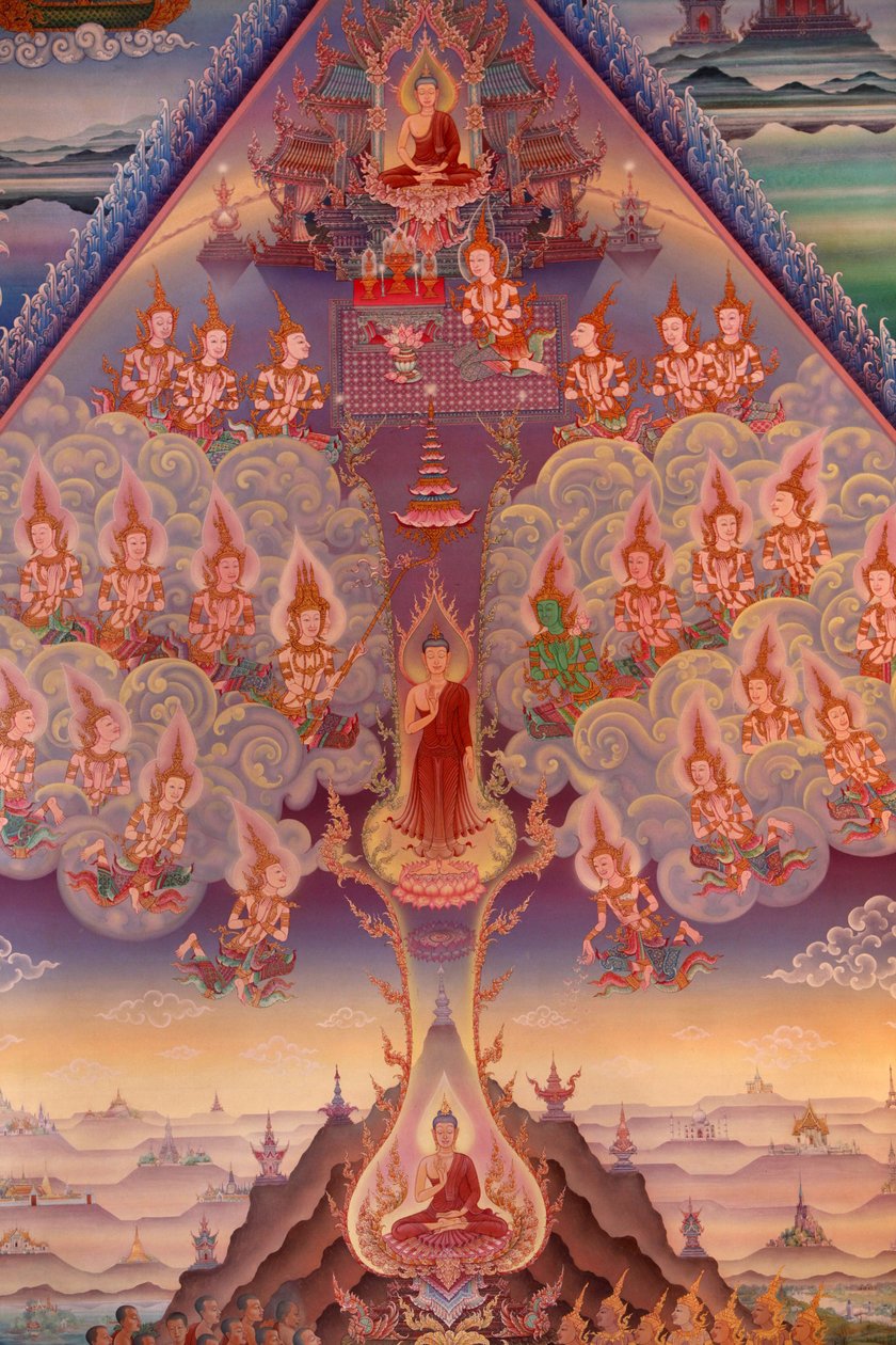 बुद्धपदीपा मंदिर, विंबलडन, ग्रांडे-ब्रेटगेन के उपोस्थ (तीर्थ हॉल) में एक भित्ति चित्र का विवरण द्वारा अज्ञात