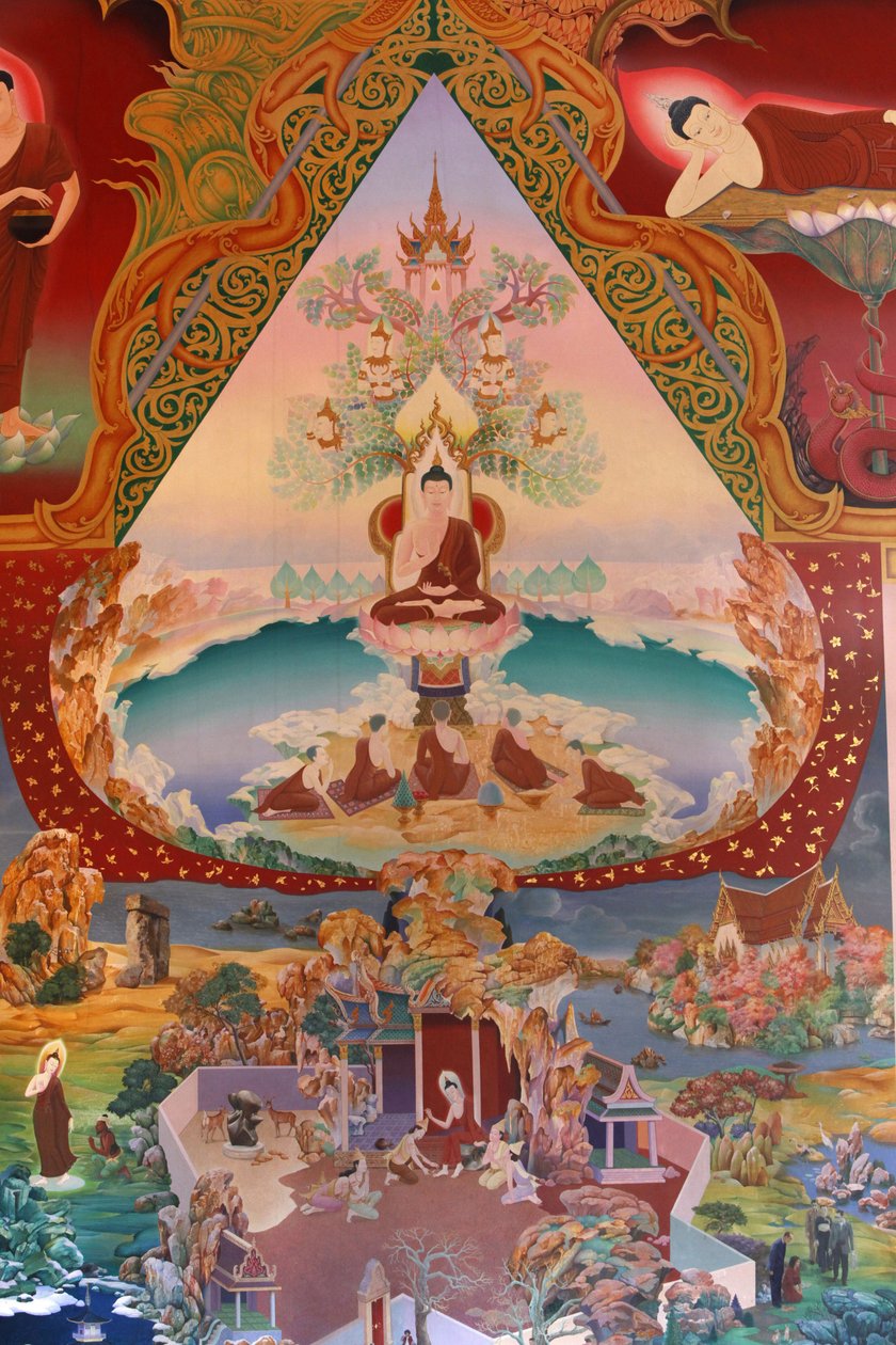 बुद्धपदीपा मंदिर, विंबलडन, ग्रांडे-ब्रेटगेन के उपोस्थ (तीर्थ हॉल) में एक भित्ति चित्र का विवरण द्वारा अज्ञात