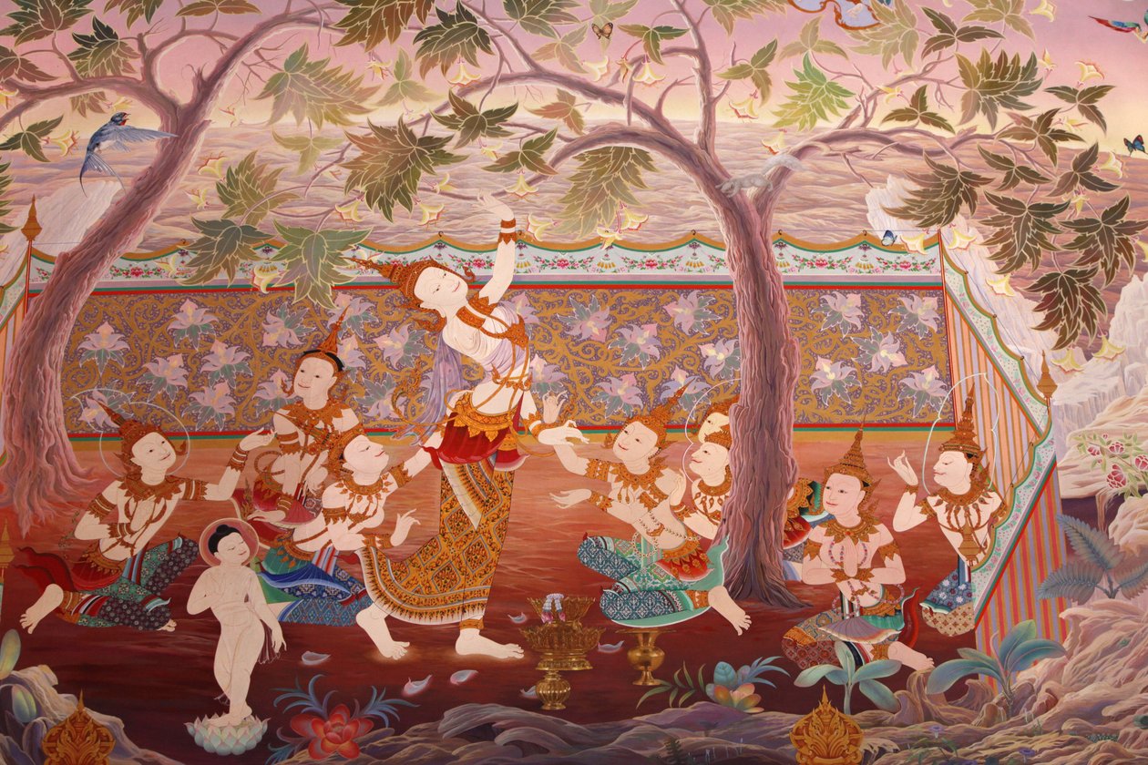 बुद्धपदीपा मंदिर, विंबलडन, ग्रांडे-ब्रेटगेन के उपोस्थ (तीर्थ हॉल) में एक भित्ति चित्र का विवरण द्वारा अज्ञात