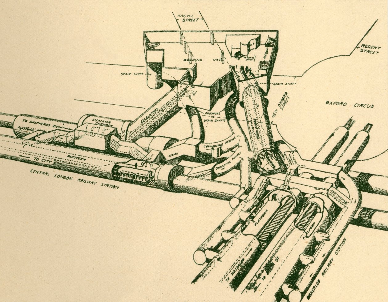 ऑक्सफोर्ड सर्कस, 1930 में न्यू ट्यूब स्टेशन का आरेख। द्वारा अज्ञात