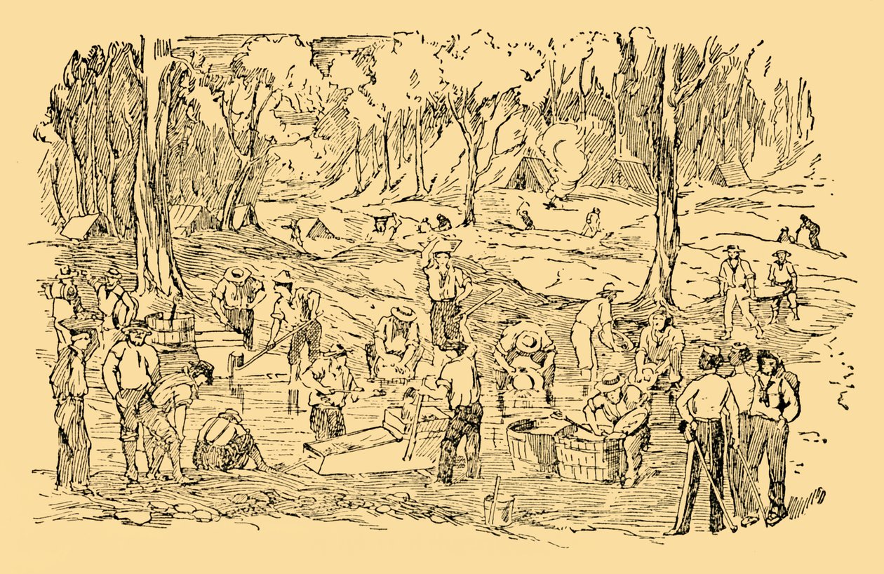 1851 में ऑस्ट्रेलिया में सोने के लिए खुदाई और धुलाई, c1930। द्वारा अज्ञात
