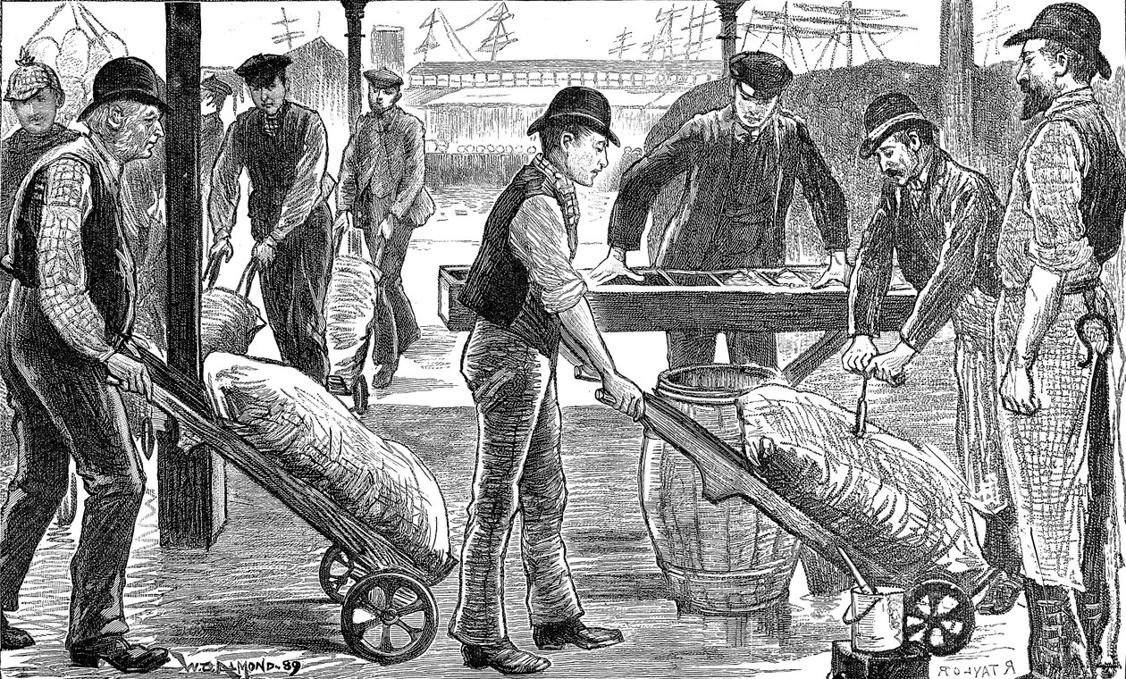 वेस्ट इंडिया डॉक्स, लंदन, 1889 में चीनी उतारने वाले डॉकर्स द्वारा अज्ञात