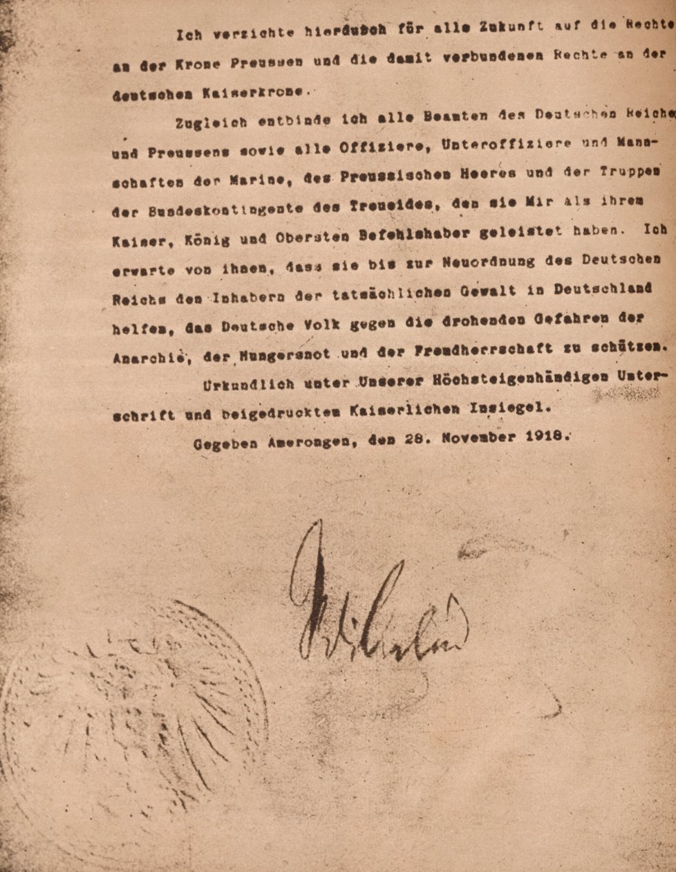 जर्मनी के कैसर विल्हेल II के पद की पुष्टि करते हुए दस्तावेज, 9 नवंबर 1918 1935। द्वारा अज्ञात