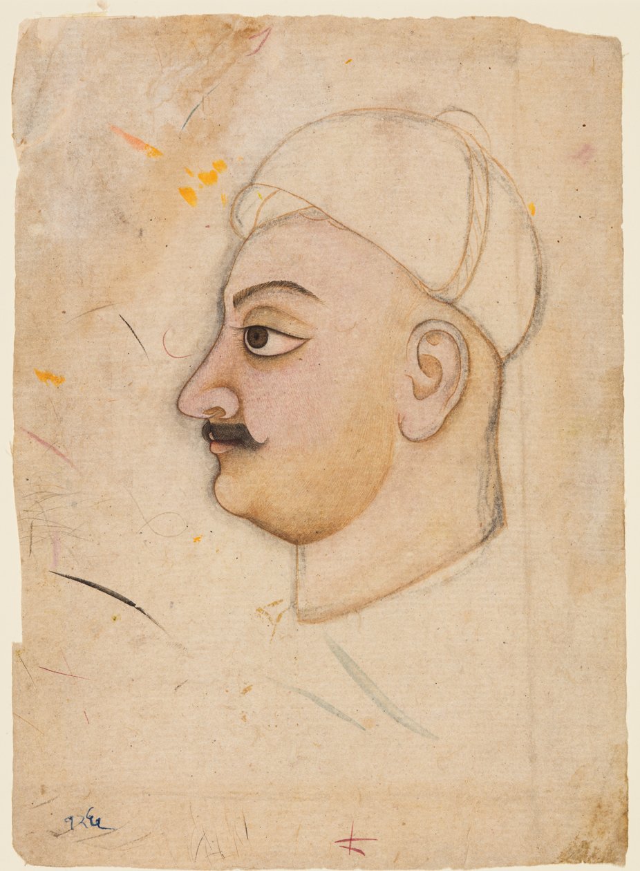 एक असामान्य पगड़ी के साथ एक आदमी के सिर का चित्रण, सी। 1780। द्वारा अज्ञात