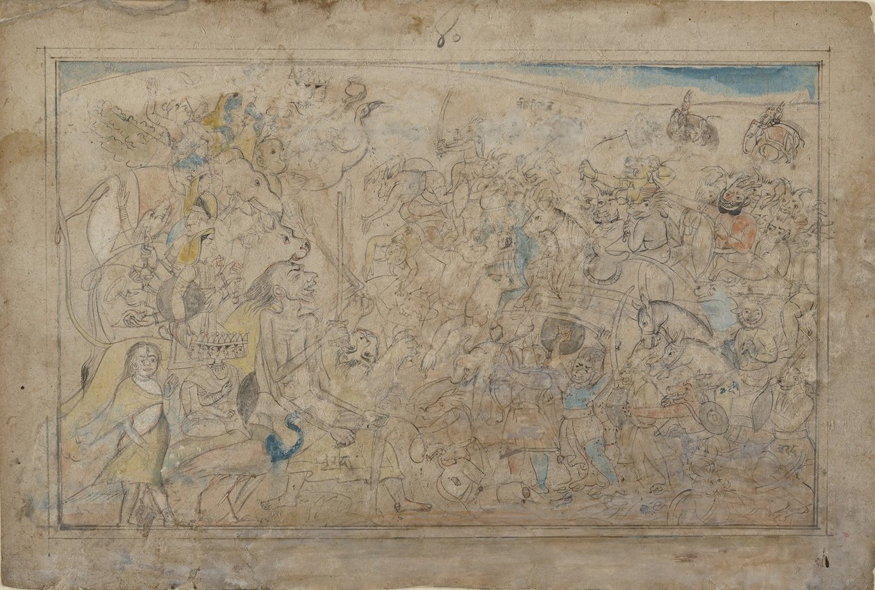 Durga, Kali, and Five Matrikas Battle the Daitya Army of the Demon Shumbha..., ca. 1780.  द्वारा अज्ञात