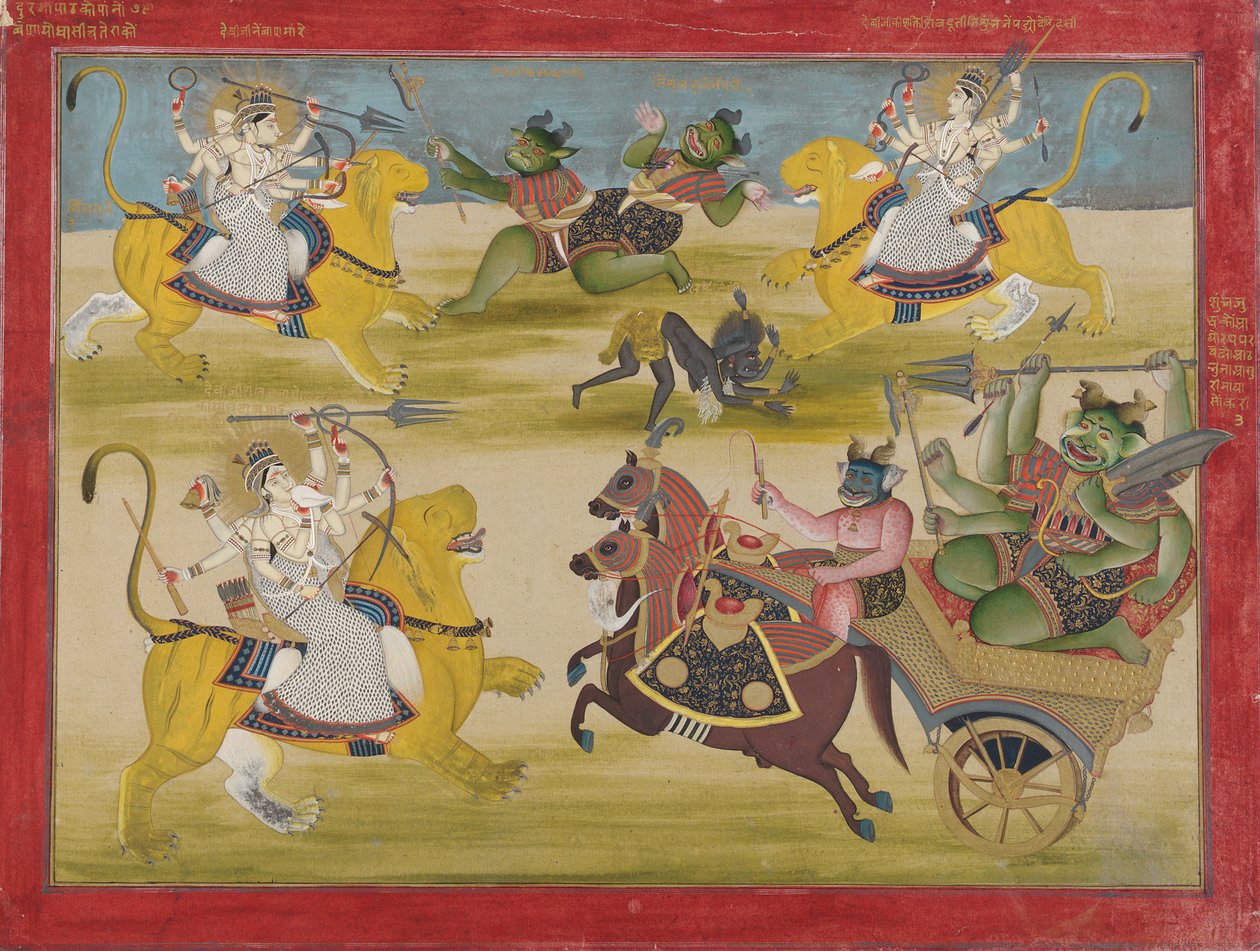 Durga fighting the rakshashas Shunga and Nishunga, from a Devi Mahatmya, mid 19th century.  द्वारा अज्ञात