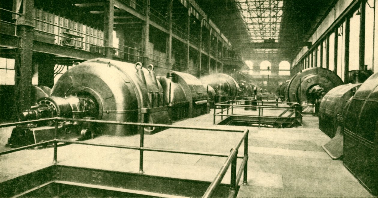 1930 में चेल्सी के लोट्स रोड में ग्रेट अंडरग्राउंड जनरेटिंग स्टेशन पर डायनामोस। द्वारा अज्ञात