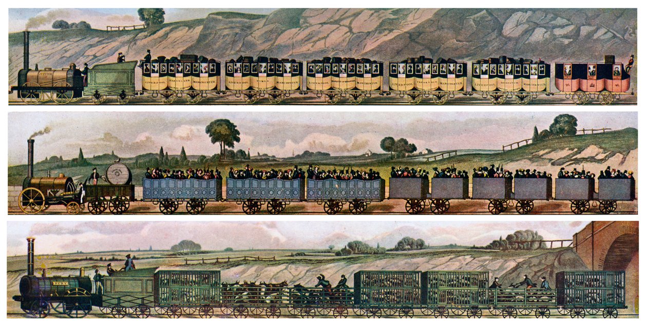 प्रारंभिक रेलवे कोच, लिवरपूल और मैनचेस्टर रेलवे, इंग्लैंड, 1831, c1900-1920 द्वारा अज्ञात