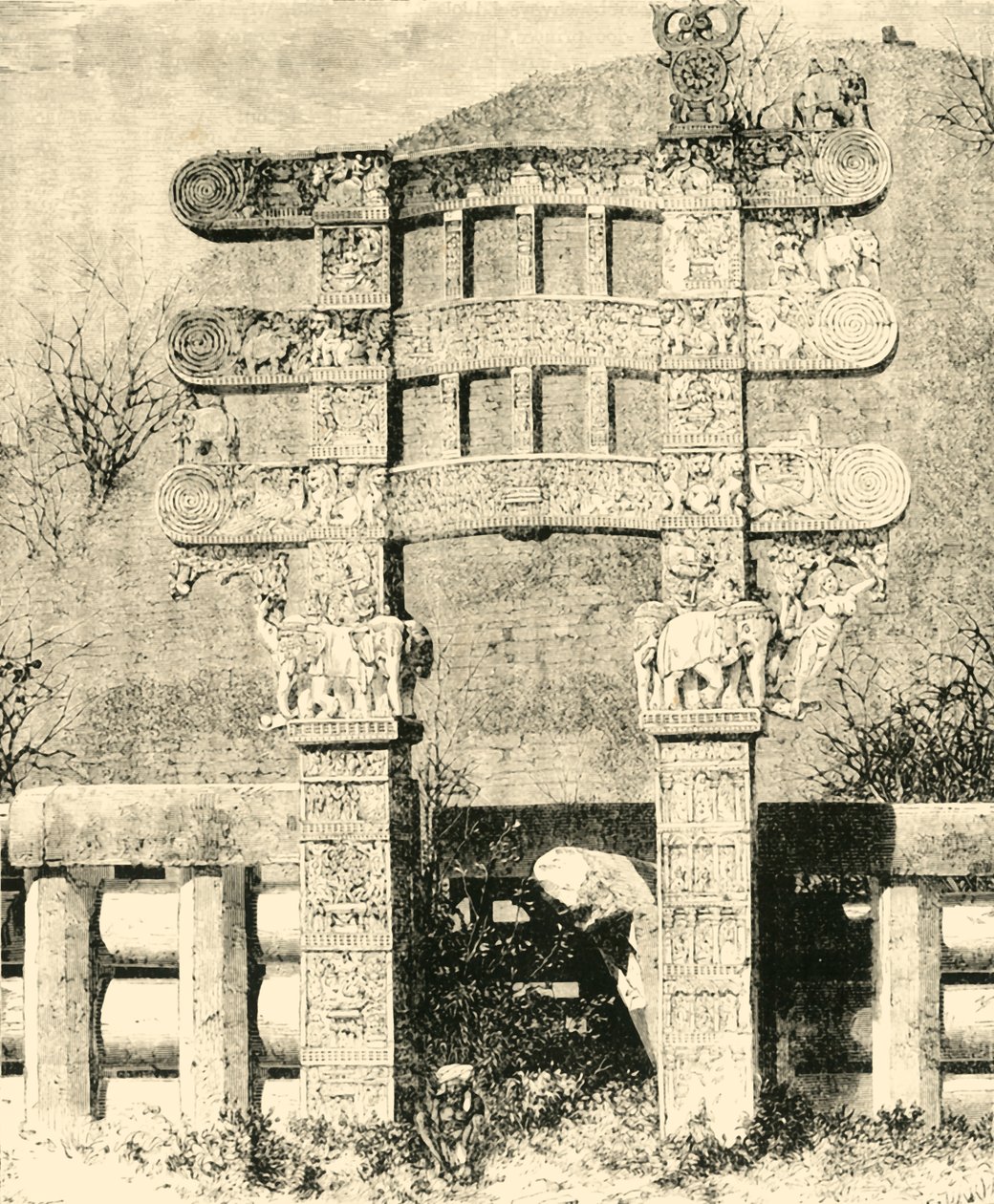 सांची के महान स्तूप का पूर्वी द्वार, 1890। द्वारा अज्ञात