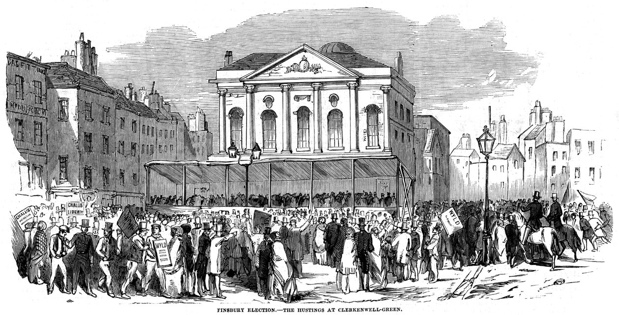 लंदन, 1852 में फिन्सबरी चुनाव के दौरान क्लेरकेनवेल ग्रीन में चुनावी हलचल द्वारा अज्ञात