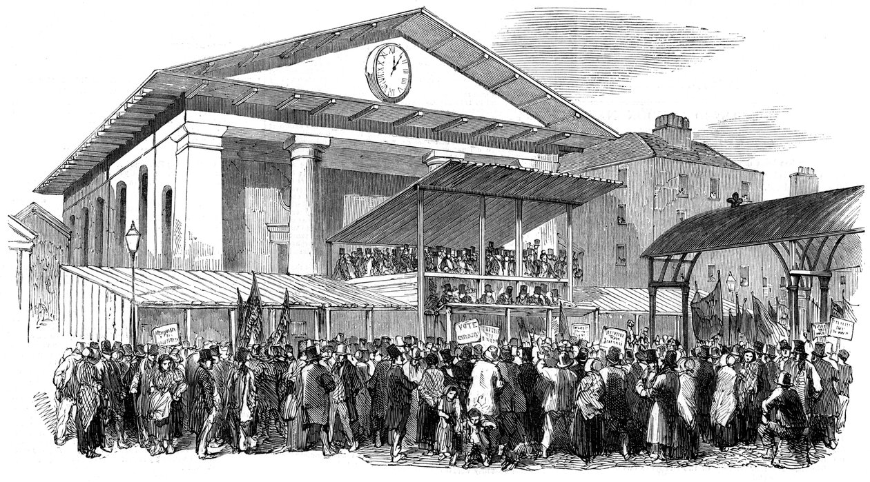 लंदन, 1852 में वेस्टमिंस्टर चुनाव के दौरान कोवेंट गार्डन में चुनावी हलचल द्वारा अज्ञात