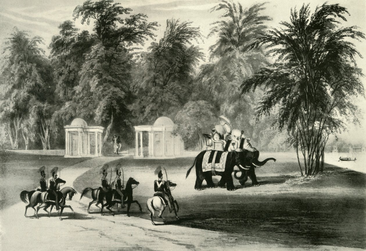 बैरकपुर पार्क में हाथी और बॉडी गार्ड, 1820, 1925। द्वारा अज्ञात