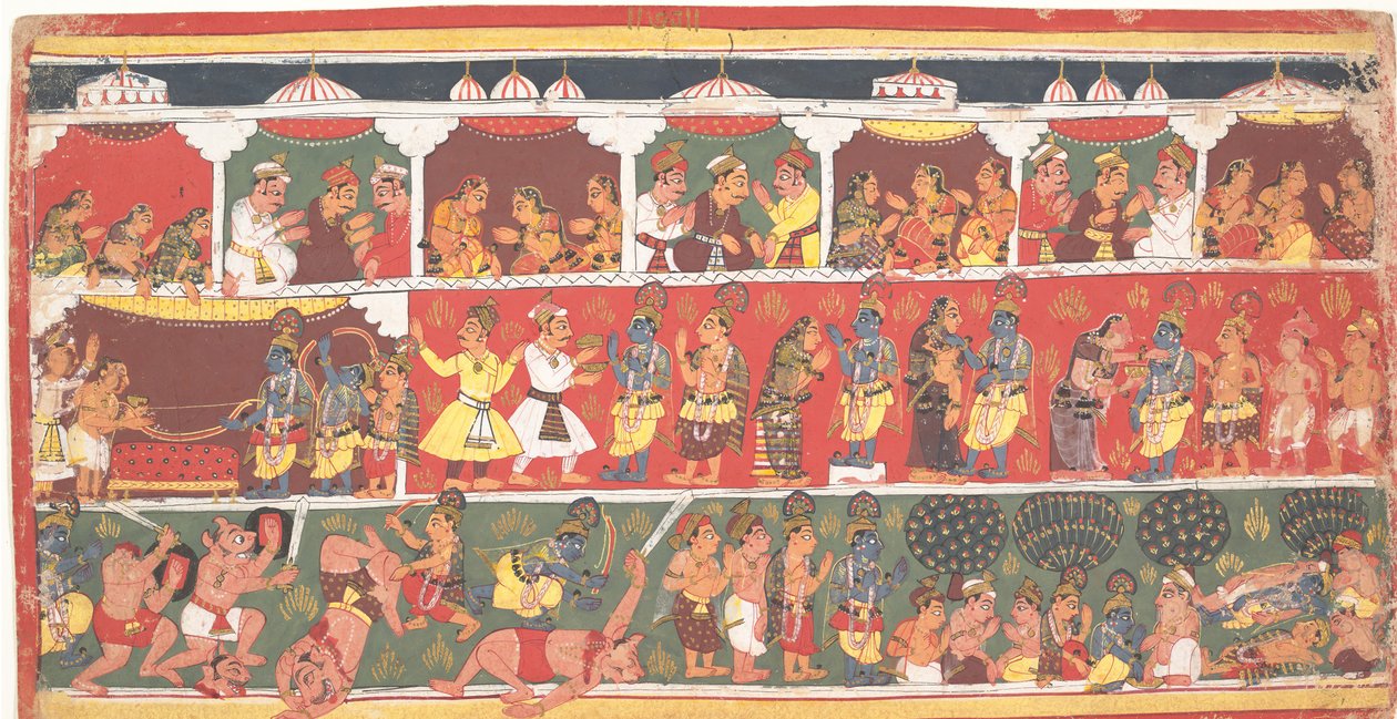 मथुरा में मुठभेड़: एक बिखरे हुए भागवत पुराण से पृष्ठ..., लगभग। 1700. द्वारा अज्ञात
