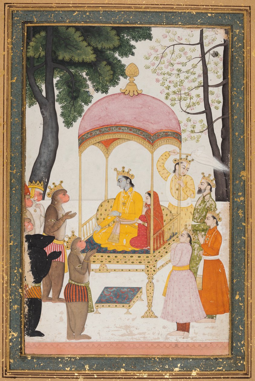 उत्साहित राम और सीता अपने बंदर से श्रद्धांजलि प्राप्त करते हैं और सहयोगियों, सी। 1765। द्वारा अज्ञात