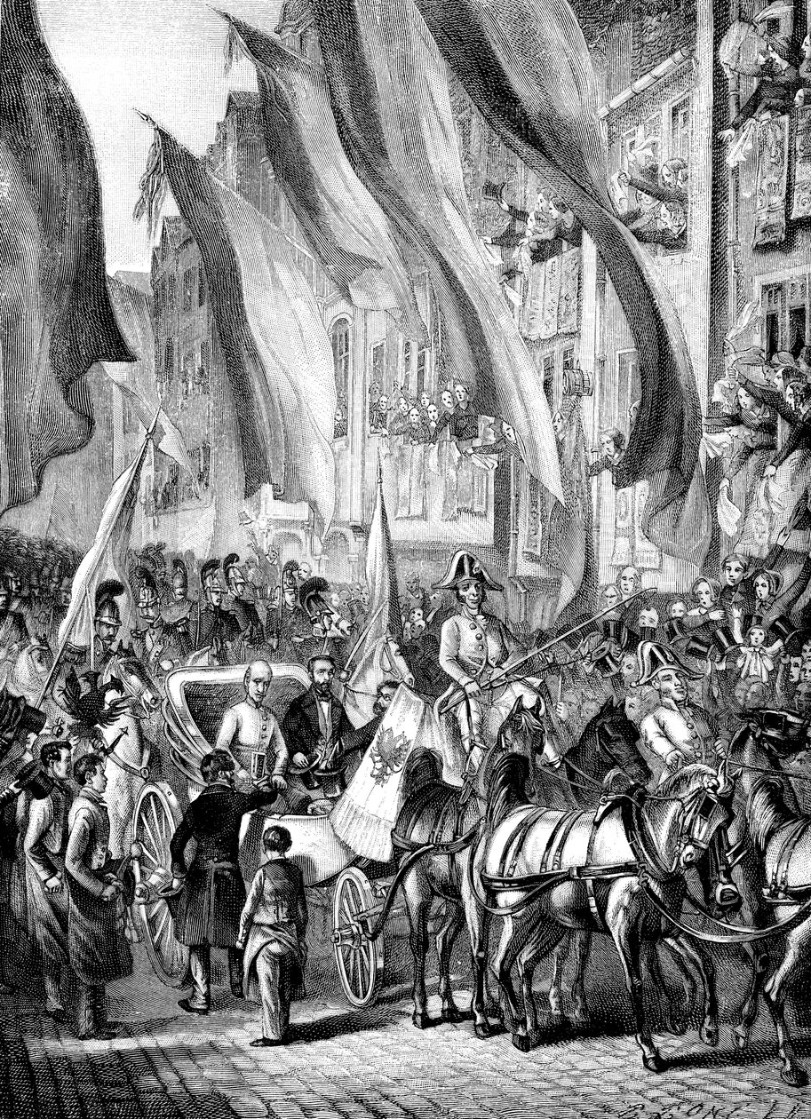 11 जुलाई 1848 को जर्मनी के फ्रैंकफर्ट में आस्ट्रिया के आर्कड्यूक जॉन का प्रवेश। द्वारा अज्ञात