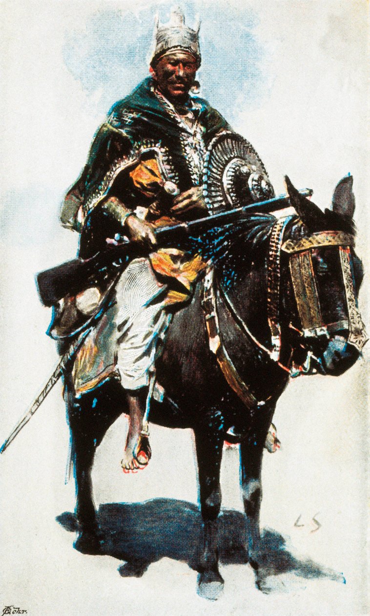 इथियोपियाई युद्ध: मेनेलिक II (1844-1913) का चित्र, इथियोपिया के सम्राट (नेगस) (1889-1913) 20 वीं सदी की रंगीन तस्वीर द्वारा अज्ञात