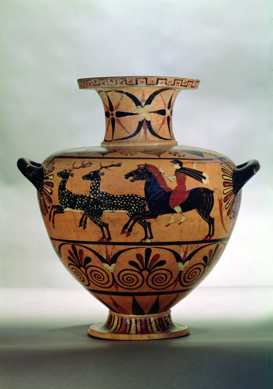 Etrusco-Ionian ब्लैक-फिगर हाइड्रिया, Cerveteri से एक शिकार दृश्य को दर्शाता है, c.540-530 ईसा पूर्व (मिट्टी के बर्तन) द्वारा अज्ञात