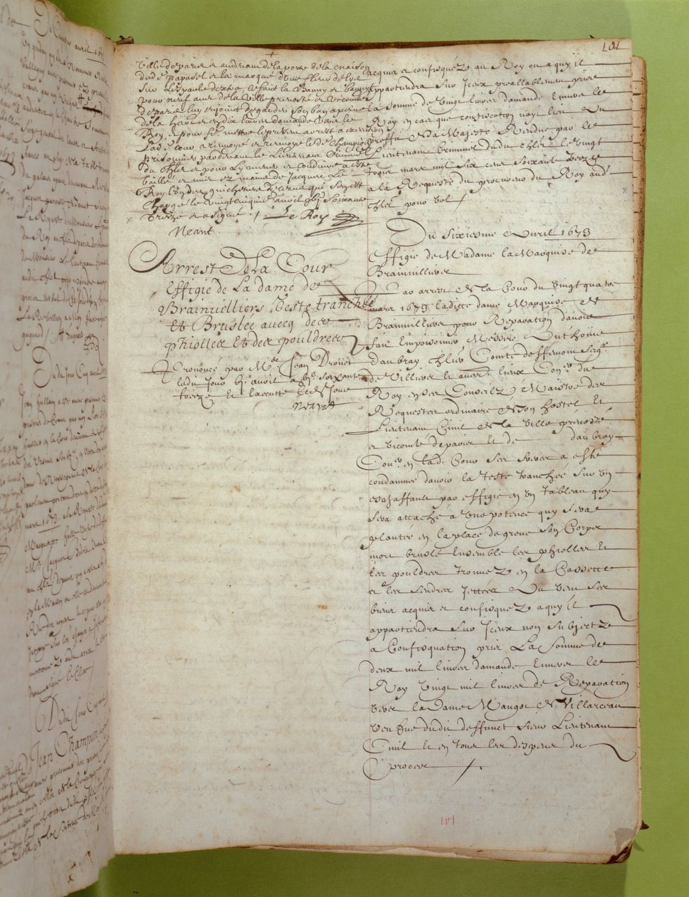 मारकिस डी ब्रिनविलियर्स, अप्रैल 1673 (कागज पर कलम और स्याही) के निष्पादन और जलने से मौत की निंदा के कंसीयर्गेरी रिकॉर्ड से उद्धरण द्वारा अज्ञात