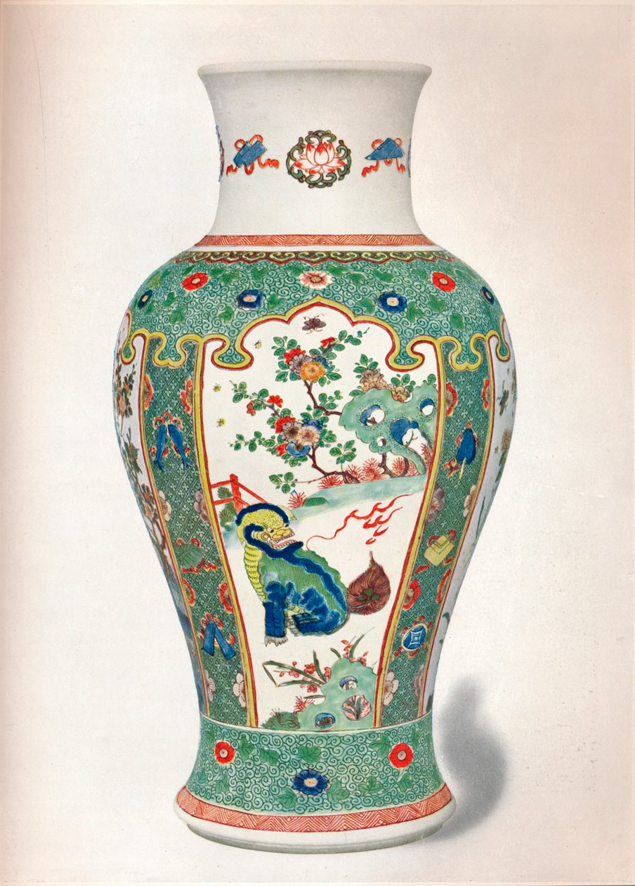 Famille Verte Vase, चार ईमानदार पैनलों के साथ चट्टानों और फूलों के पौधों के साथ चित्रित, दो राक्षस, द्वारा अज्ञात