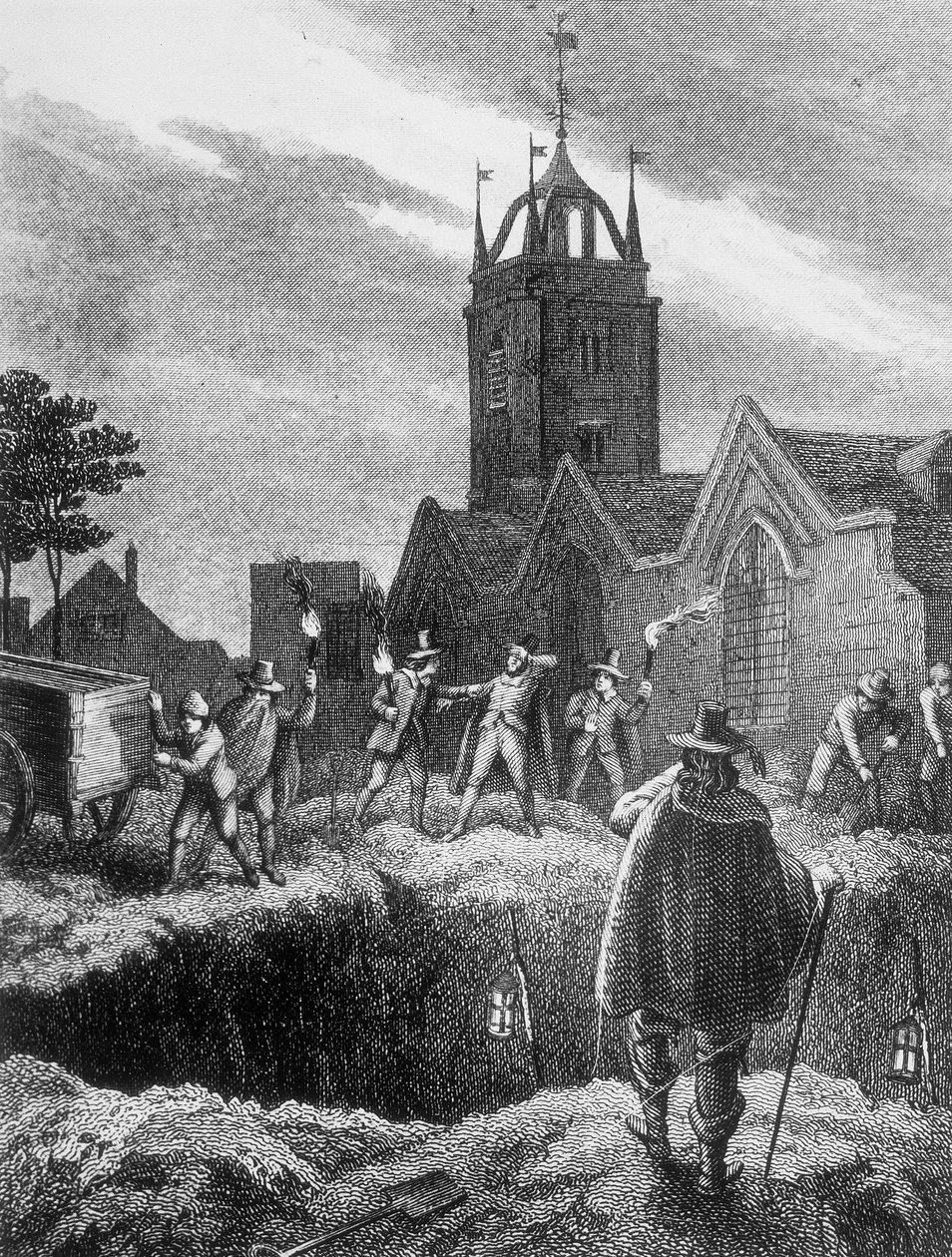 लंदन के प्लेग के दौरान रात में एक सामूहिक कब्र को भरना, c1665 द्वारा अज्ञात