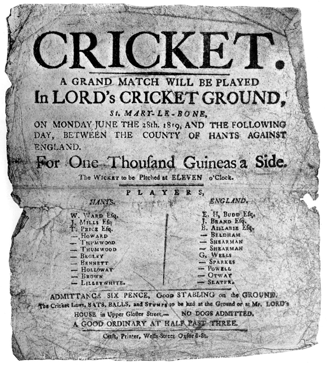 फ्लायर ने 1819 1912 में हैम्पशायर और इंग्लैंड के बीच क्रिकेट मैच का विज्ञापन दिया द्वारा अज्ञात