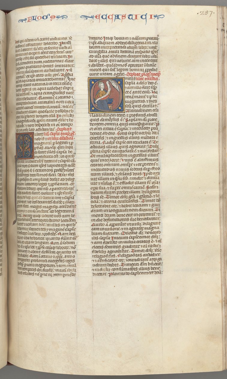 FOL। 257r, एक्लेस्टीसियस, हिस्ट्रीशीटेड प्रारंभिक ओ, सिराच एक स्क्रॉल के साथ बैठा है, ऊपर भगवान का बस्ट, सी। द्वारा अज्ञात