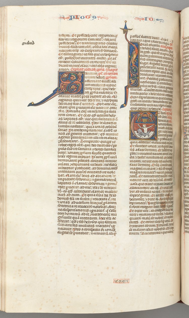 FOL। 357v, जोनाह, हिस्ट्रीशीटेड प्रारंभिक ई, जोनाह व्हेल द्वारा निगल लिया गया, ऊपर एक दीवारों वाला शहर, सी। 1275- द्वारा अज्ञात