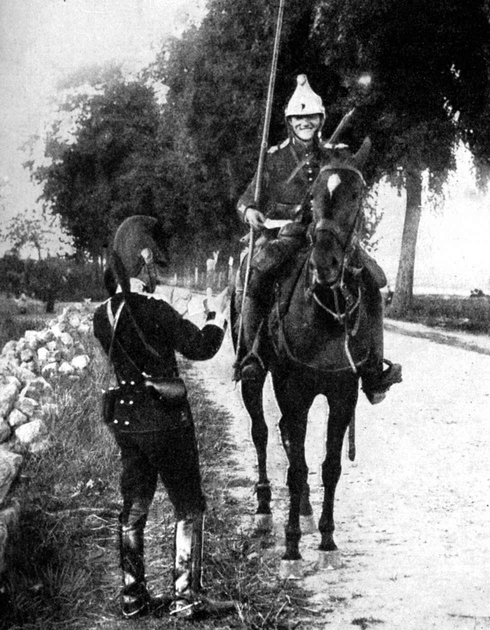 फ्रेंच ड्रैगून, बेल्जियम के पिकेट को सचेत करने के लिए पासपोर्ट वितरित करना, प्रथम विश्व युद्ध, 1914 द्वारा अज्ञात