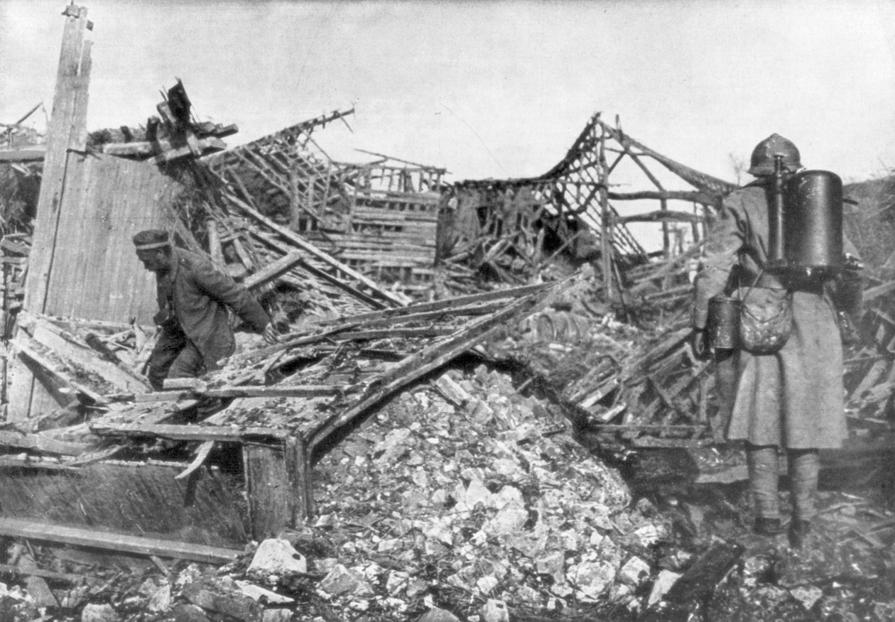 फ्रांसीसी सैनिकों ने अपने आश्रयों, कैंटेंग, फ्रांस, 1918 से जर्मनों को बाहर निकालने के लिए फ्लैमेथ्रो का उपयोग किया द्वारा अज्ञात