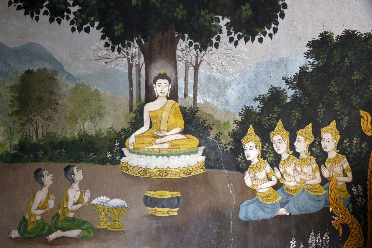वाट फ्रा दोई सुथेप, चियांग माई में बुद्ध के जीवन के एक दृश्य को दर्शाने वाला फ्रेस्को। बुद्ध भिक्षा प्राप्त करते हैं। थाईलैंड द्वारा अज्ञात