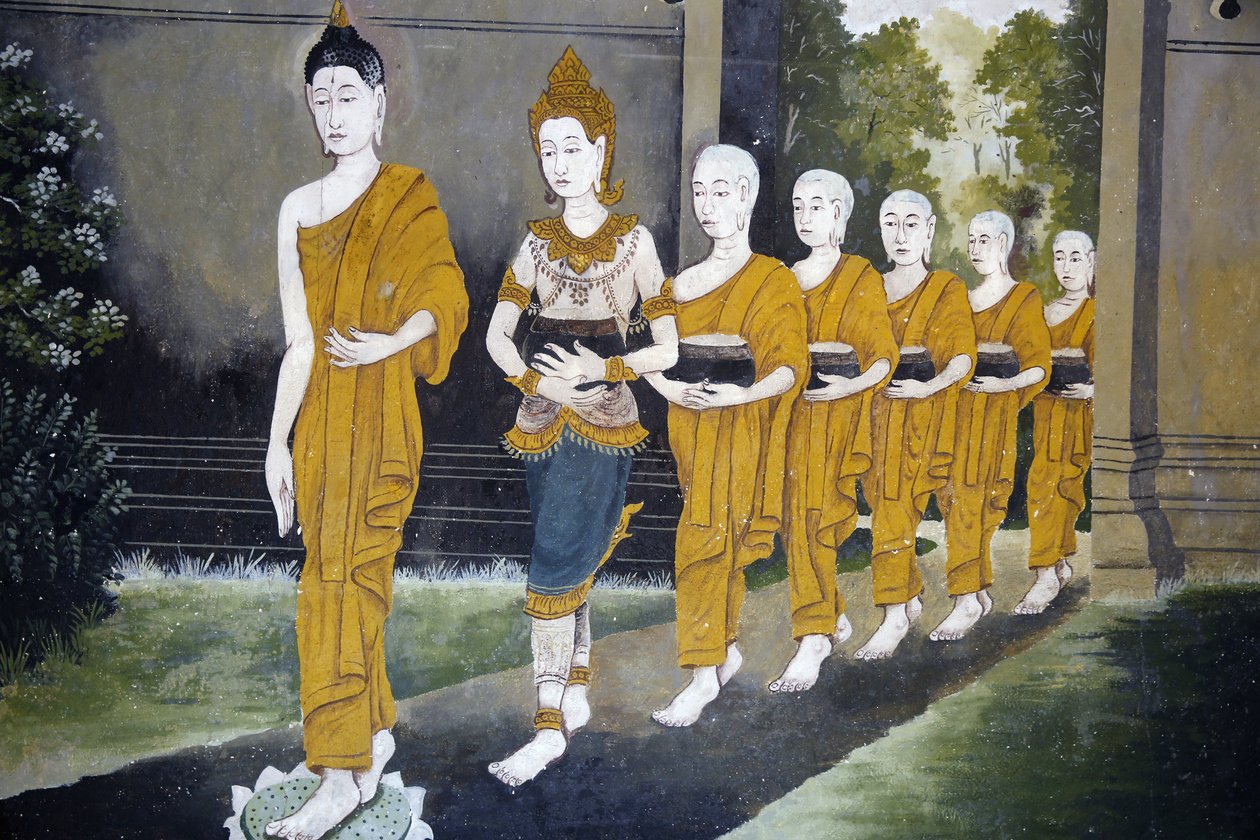 वाट फ्रा दोई सुथेप, चियांग माई में बुद्ध के जीवन के एक दृश्य को दर्शाने वाला फ्रेस्को। एक भिक्षा पर बुद्ध और भिक्षु। थाईलैंड द्वारा अज्ञात