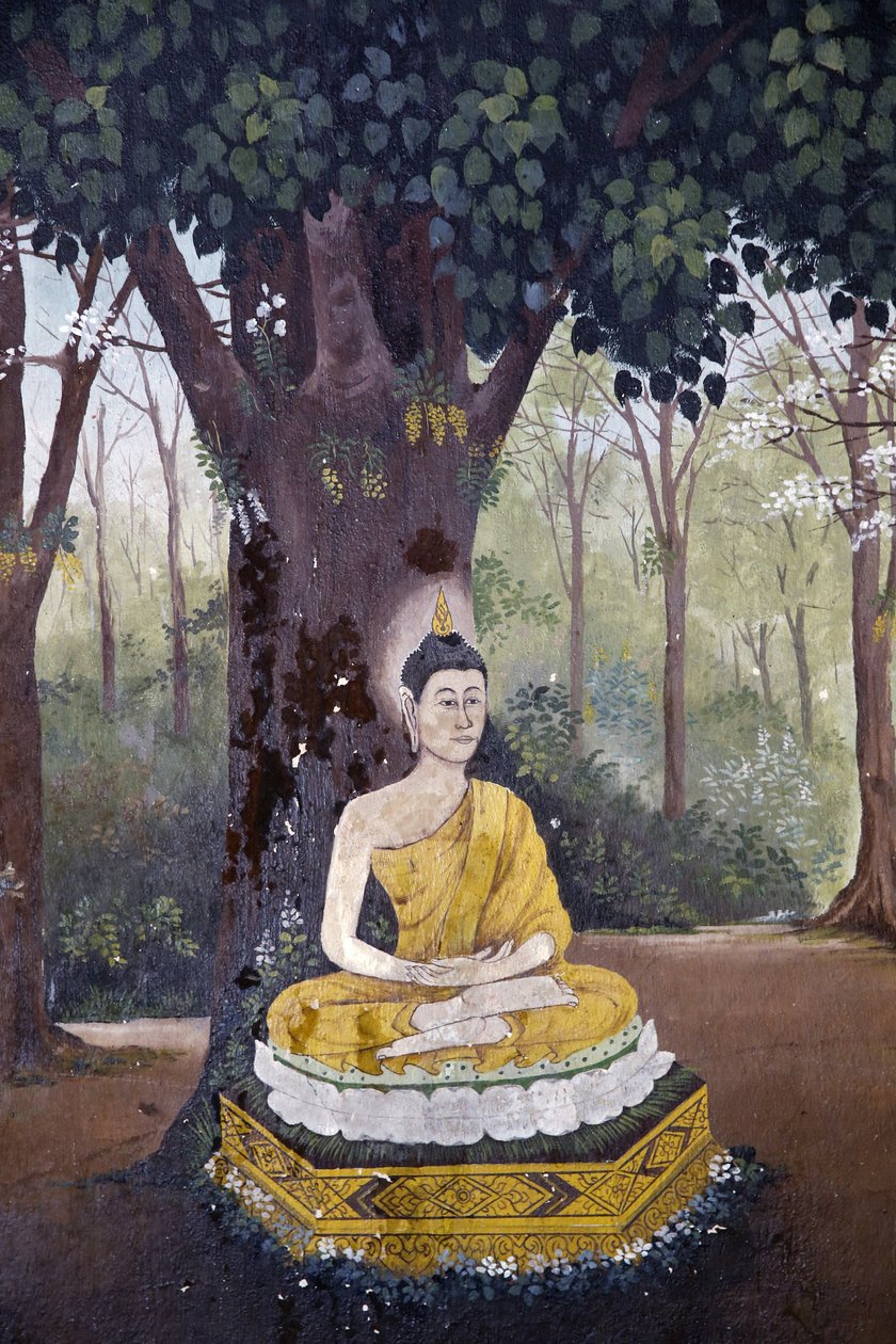 वाट फ्रा दोई सुथेप, चियांग माई में बुद्ध के जीवन के एक दृश्य को दर्शाने वाला फ्रेस्को। बुद्ध एक पेड़ के नीचे ध्यान करते हुए। थाईलैंड द्वारा अज्ञात