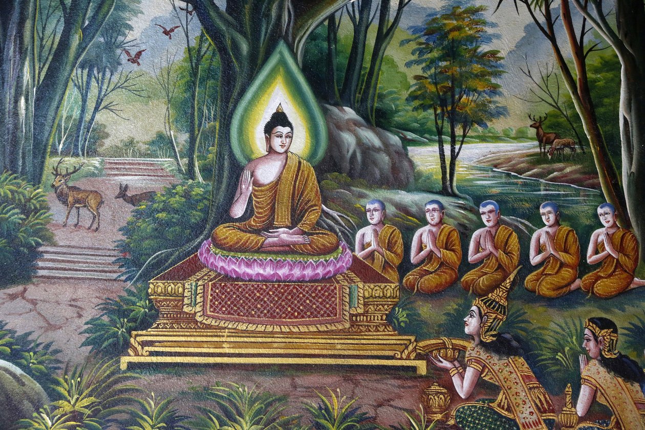 वाट चियांग मुन, चियांग माई में अनुयायियों के साथ बुद्ध का चित्रण करने वाला फ़्रेस्को। थाईलैंड द्वारा अज्ञात