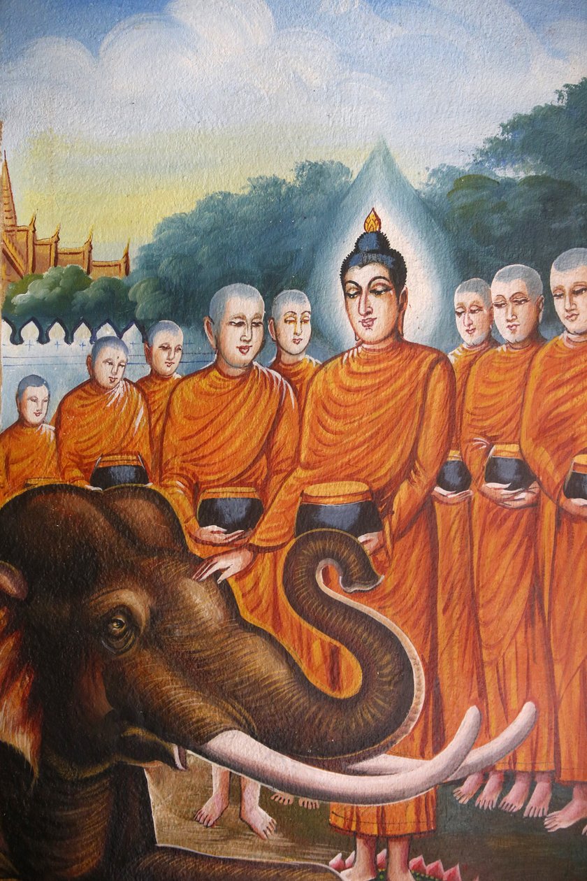 वाट चियांग मुन, चियांग माई में एक हाथी के साथ बुद्ध के संघ का चित्रण करने वाला फ़्रेस्को। थाईलैंड द्वारा अज्ञात