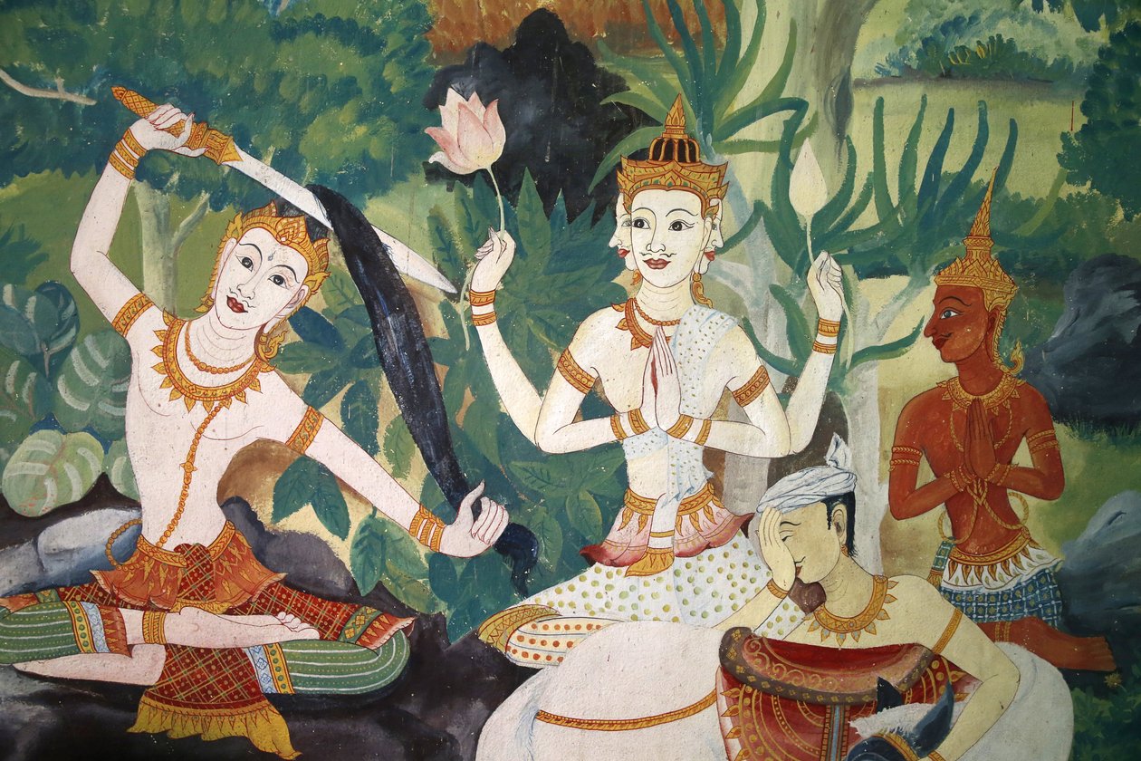 वाट अम्फाराम, हुआ हिन, थाईलैंड में फ्रेस्को। बुद्ध ने अपने बाल काट लिए और अपने पूर्व जीवन का त्याग कर दिया। द्वारा अज्ञात