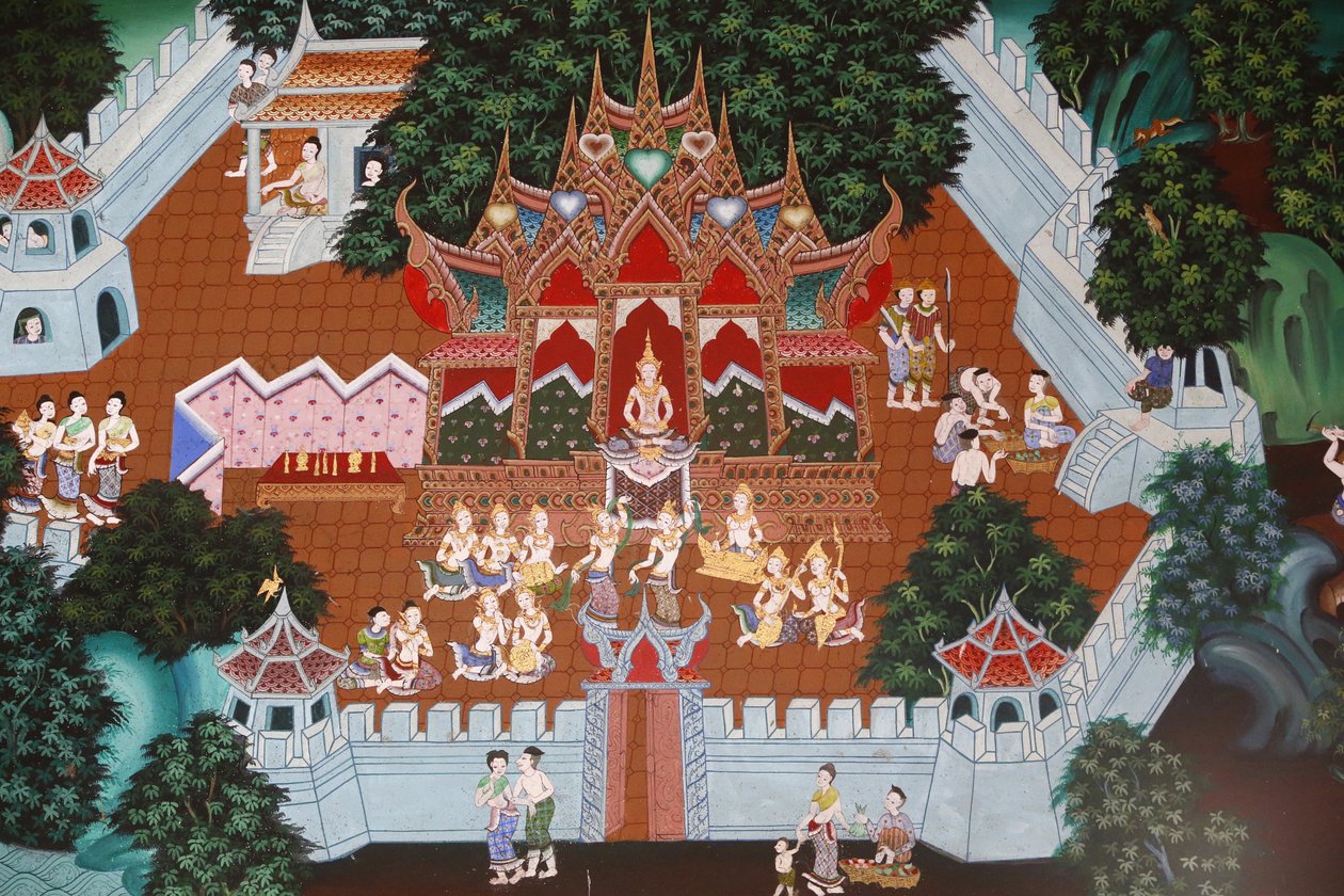 वाट अम्फाराम, हुआ हिन, थाईलैंड में फ्रेस्को। तेमिया जातक, जिसे बुद्ध के पूर्व जीवन में से एक, मुगा-पक्खा जातक भी कहा जाता है। द्वारा अज्ञात