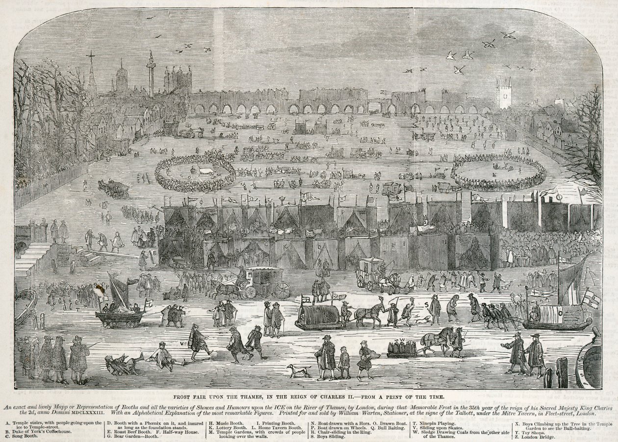 'चार्ल्स द्वितीय के शासनकाल में टेम्स पर फ्रॉस्ट मेला', लंदन, 1683 द्वारा अज्ञात
