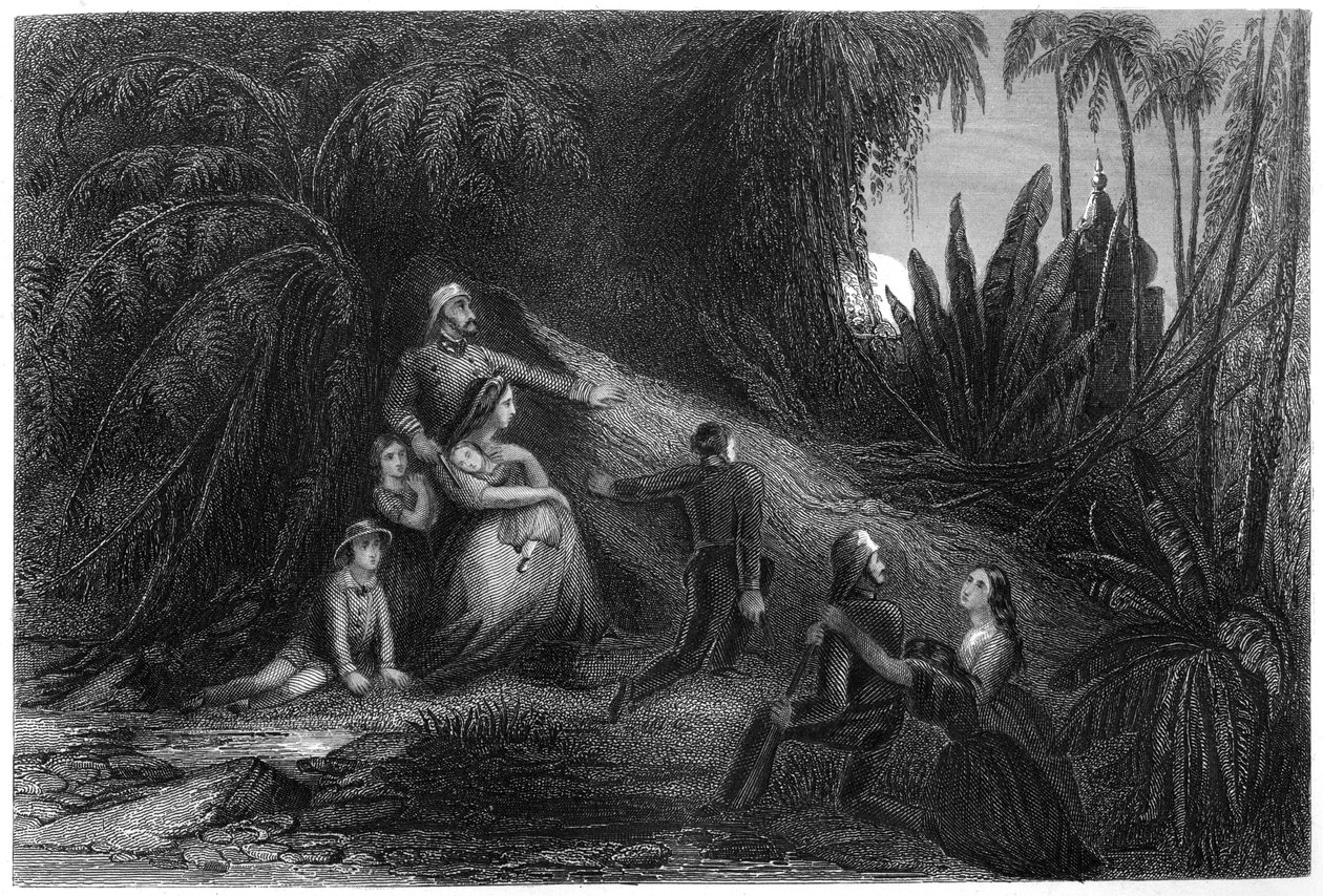 भगोड़े अधिकारी, अपने परिवार के साथ जंगल में खुद को छुपाते हुए, 1857, c1860 द्वारा अज्ञात
