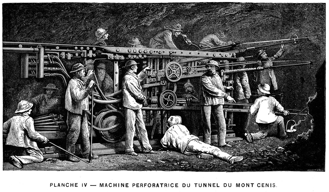 मोंट सेनिस टनल, 1874 की खुदाई में प्रयुक्त जर्मेन सोम्मिलर्स ने एयर रॉक ड्रिल को संकुचित किया द्वारा अज्ञात