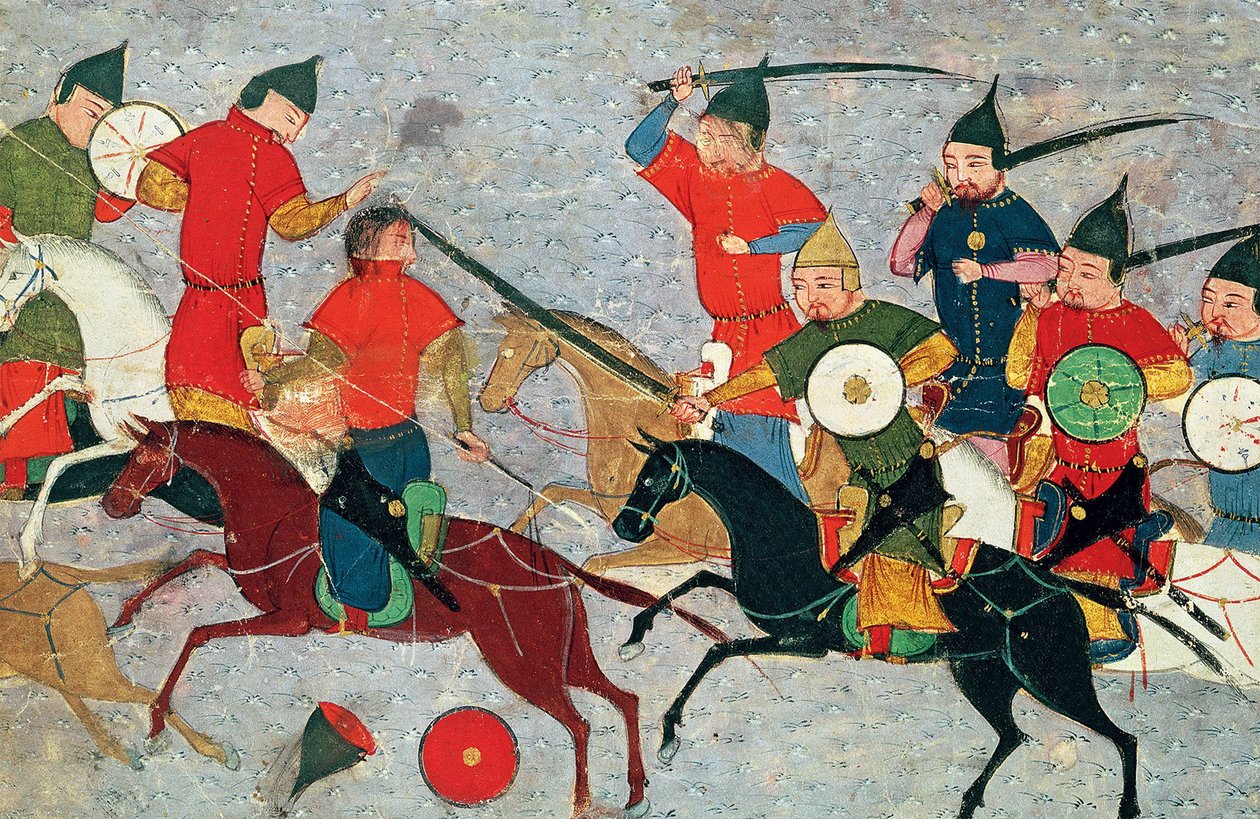 Ghenghis Khan in combat. Miniature from Jami al-tawarikh Universal History, ca 1430 द्वारा अज्ञात